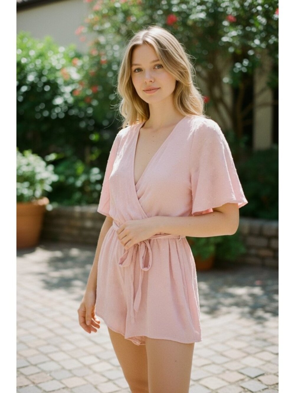 Trixxi Blush Pink Swiss Dot Romper Large Tie Waist Flutter Sleeve